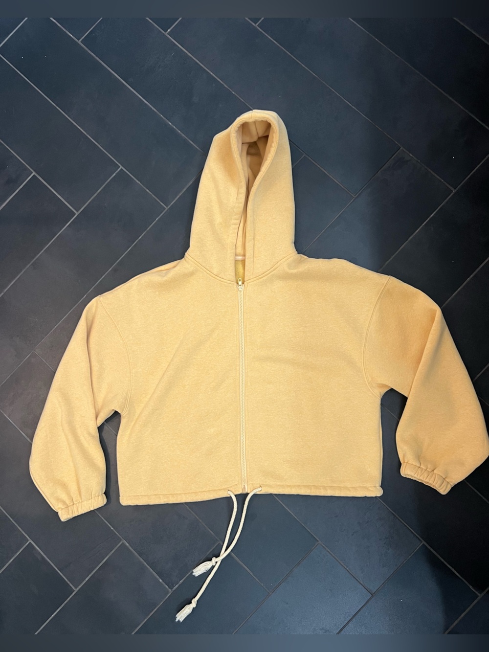 Gold Yellow Cropped Zip-Up Hooded Fleece, Full-Zip Hoodie, NWOT, XL